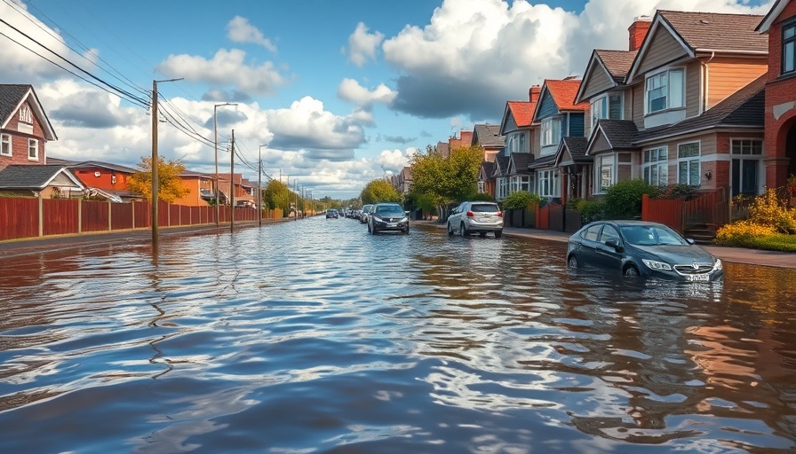Flood Buyouts and FEMA Assistance: flooded urban street with submerged cars and houses.