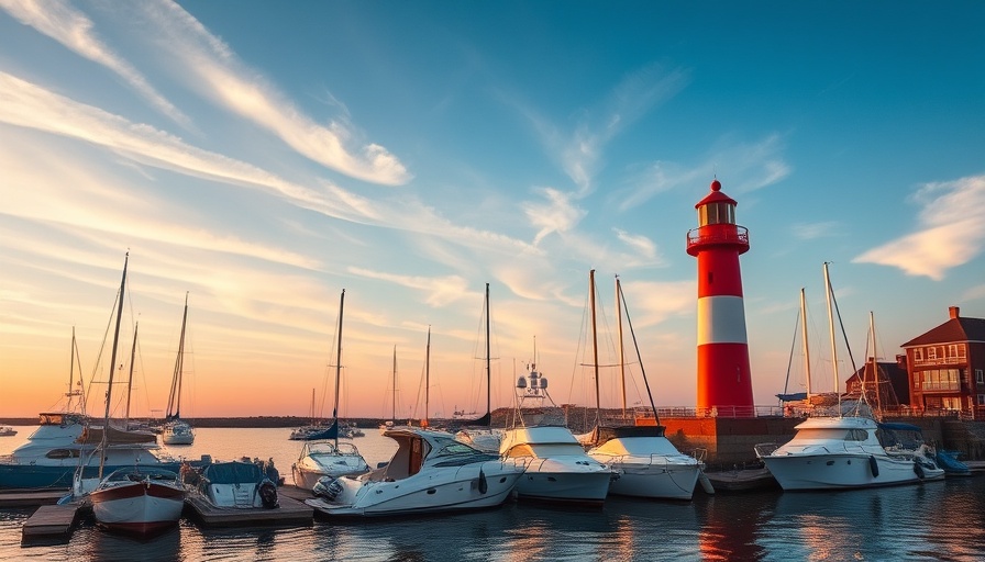 Scenic harbor at Realtor Summit 2025 with lighthouse and boats.