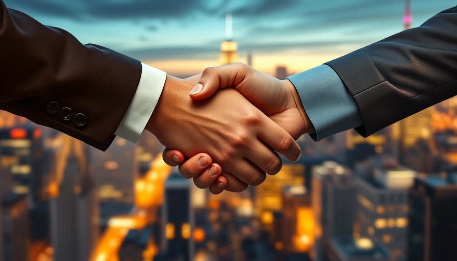 Handshake symbolizing Latin America payments partnership, city backdrop.