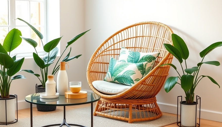 Bamboo chair with cushions in a stylish corner with plants and decor.