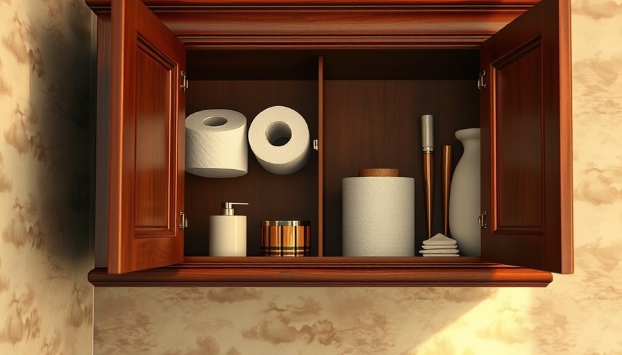 Elegant storage with toilet paper and decor in bathroom.
