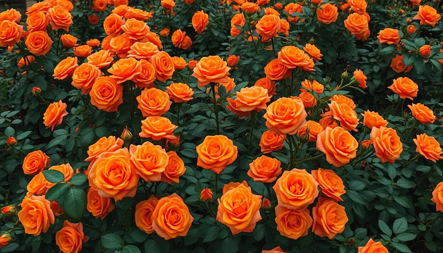 Vibrant garden of blooming orange roses, lush foliage.