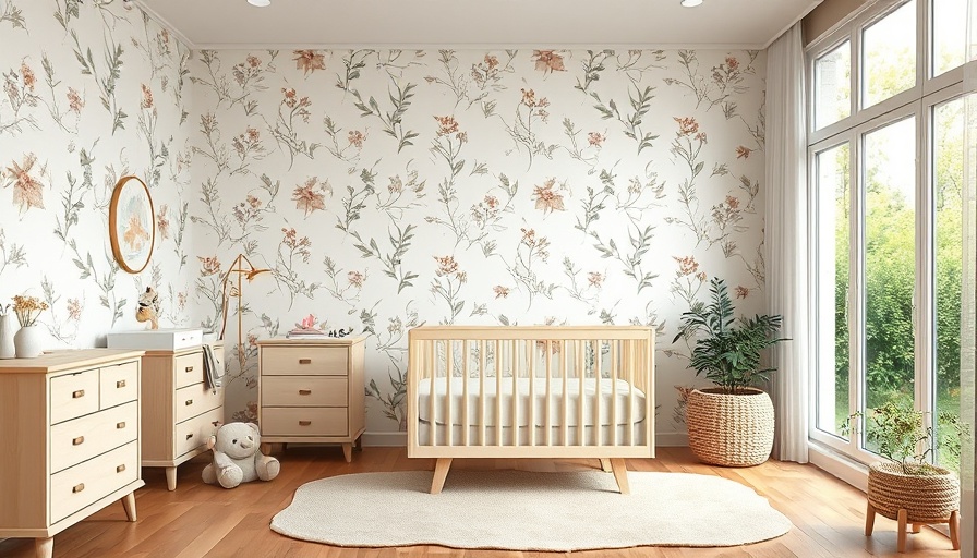 Nursery with botanical wallpaper collection and wooden furniture.