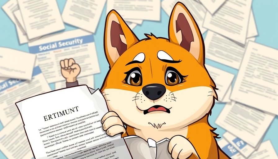Illustrative Shiba Inu and torn Social Security document, vibrant colors