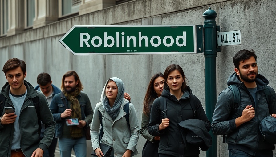 Retail investors passing sign in urban setting