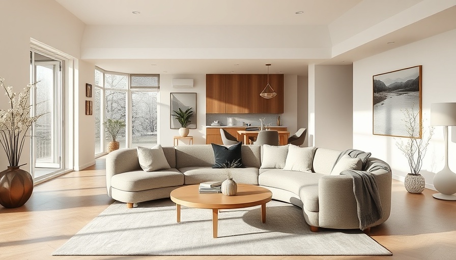 Modern living room with spring decor swaps, cozy circular couch, neutral tones.