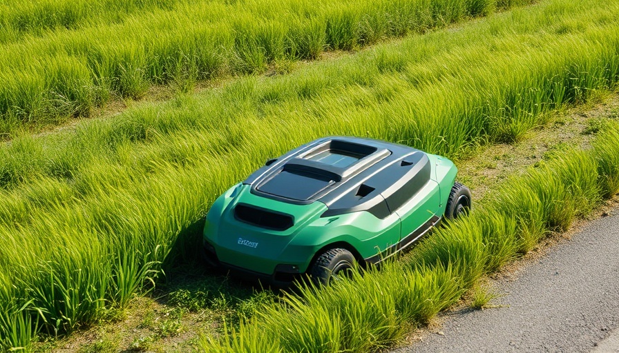 Autonomous commercial mower on a lawn by the road, cutting grass.