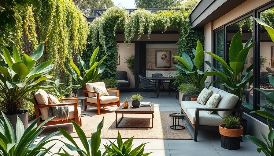 Modern outdoor patio with lush greenery, 2025 trends.