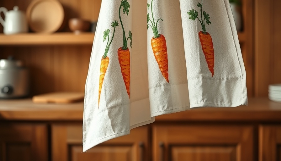 Rustic carrot print linen towel for Easter decor in spring kitchen.