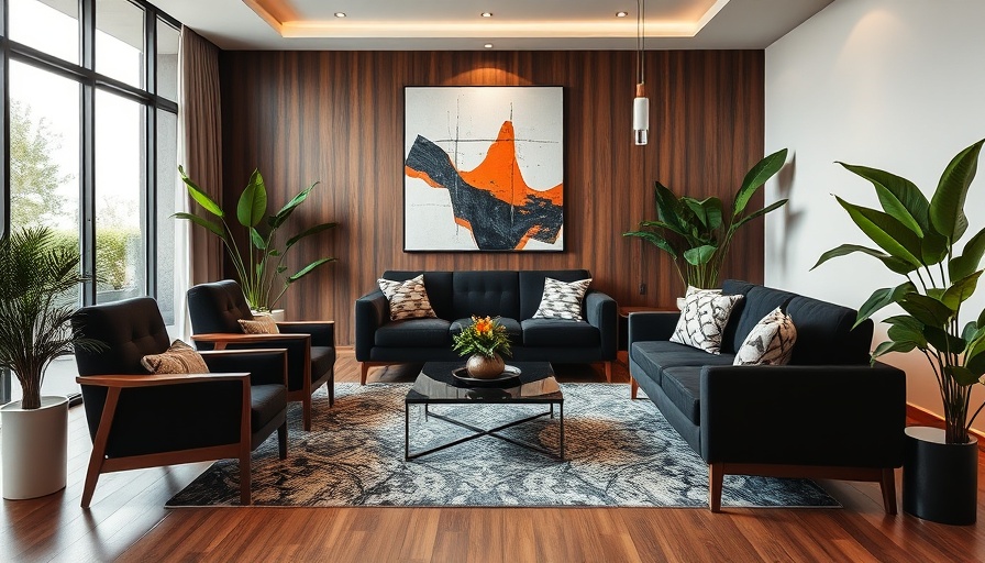 Modern living room in Morris B. Sanders House with black sofa and abstract art.