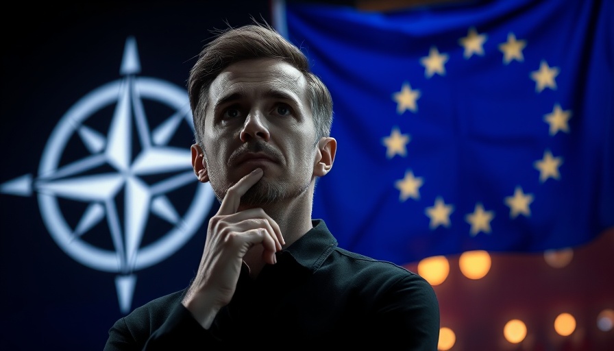 NATO logo between man and EU flag, symbolizing European military shift.