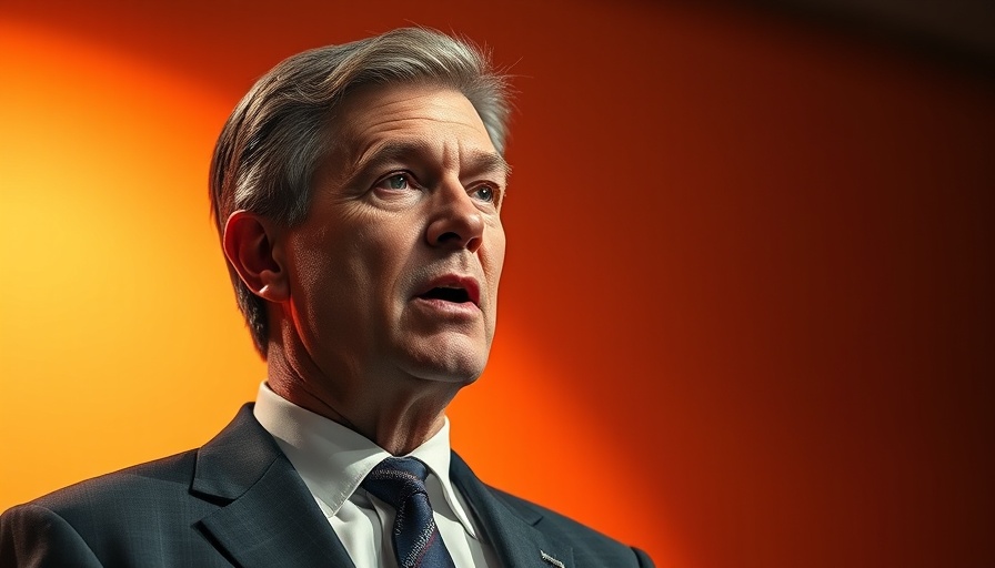 Confident man in suit speaking on global finance with orange backdrop.