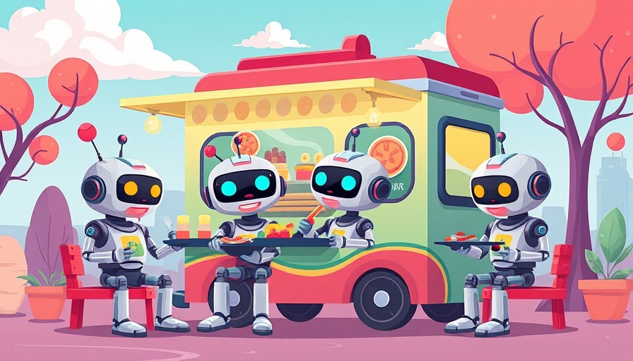 Colorful cartoon robots at a food truck for Food Truck Fridays Charlotte.