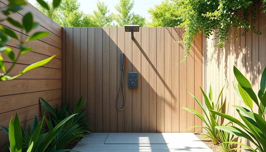 Modern outdoor shower design with wooden panels and natural light.