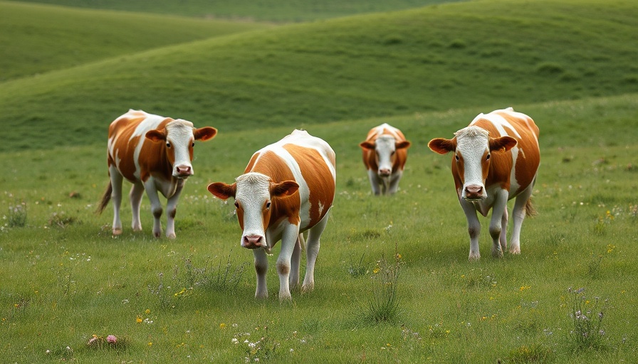 Grazing cows in a meadow represent sustainable living practices.