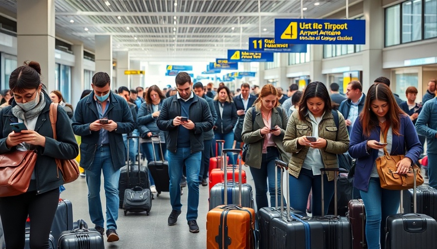 Travelers at Heathrow Airport, engaging with devices, reflecting on reopening impact on trade.