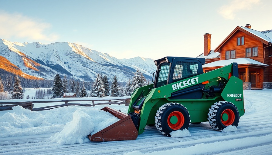 Skid-steer loader clearing snow near mountain home, equipment purchasing guide homeowners.