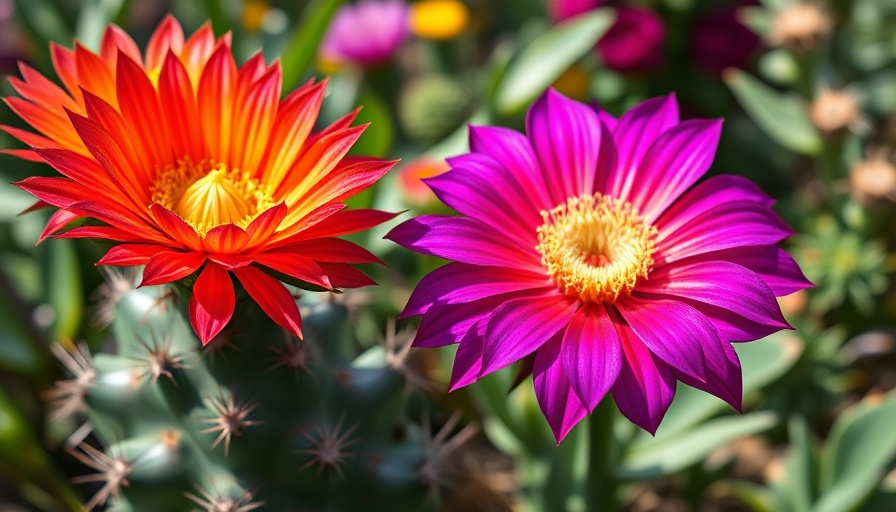 Vibrant cactus and purple flowers in a garden, most beautiful flowers.