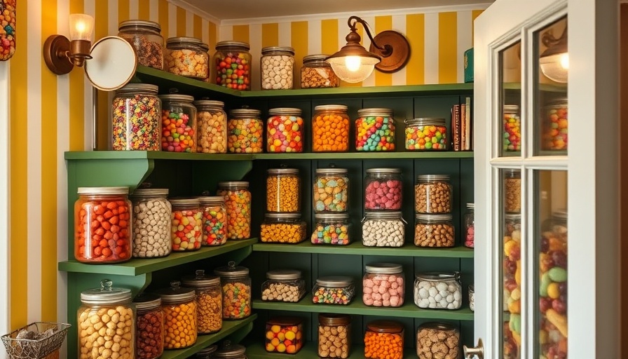 Vintage pantry with candy jars on shelves, warm lighting.