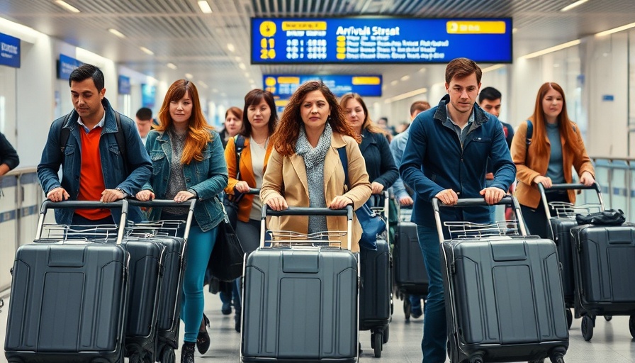 Travelers at Heathrow arrivals with luggage trolleys; Heathrow blaze investigation.