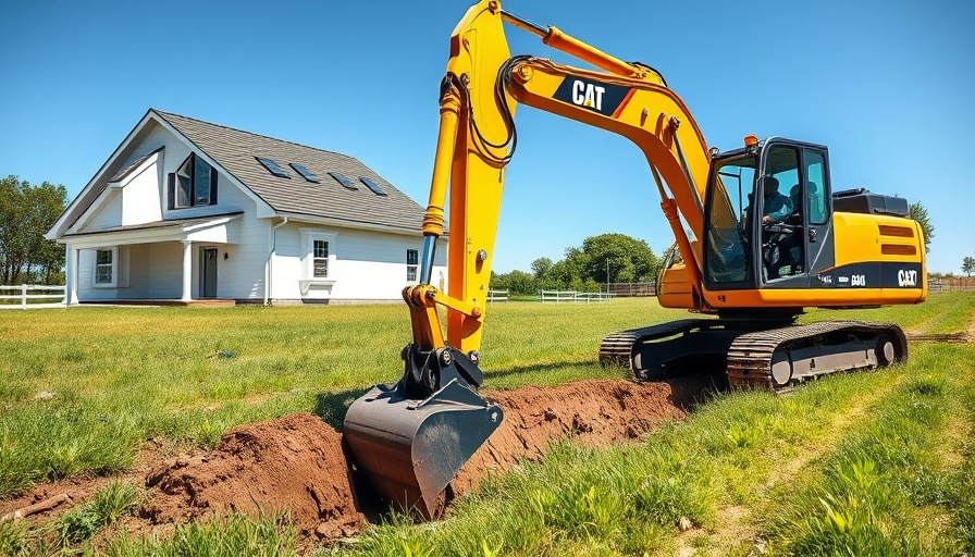 Excavator digging near new house, New vs Used Equipment Purchasing topic.
