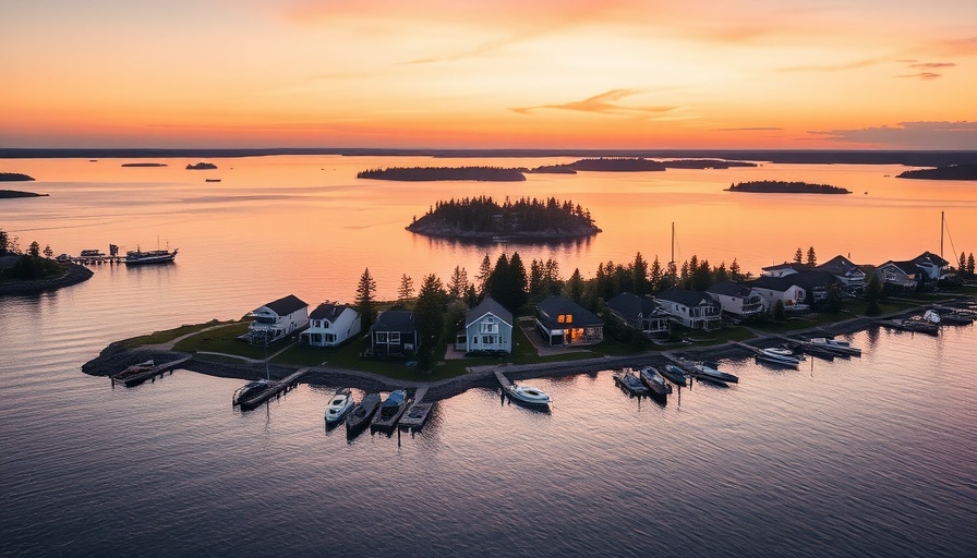 Aerial view of Pine Island cottage design in Ontario during sunset.