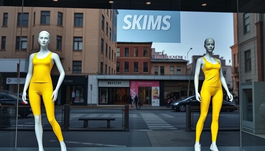 SKIMS store display with mannequins in yellow activewear showcasing urban style.