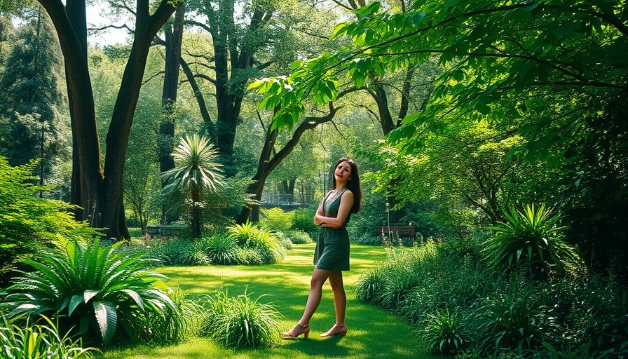 Lush garden scene with a woman enjoying nature, bright daylight.