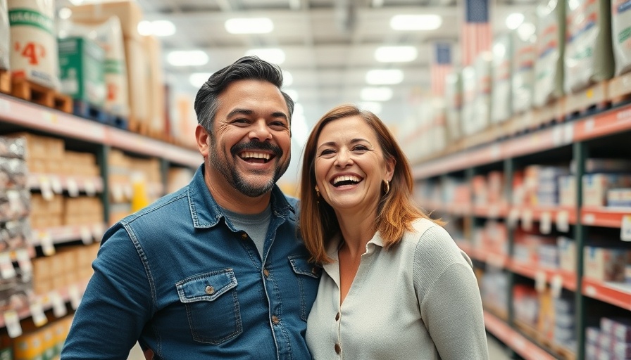 Joyful couple at Costco brainstorming birthday party ideas