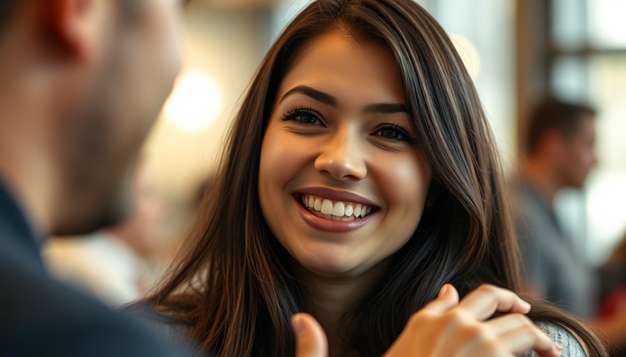 Smiling woman discussing inside a softly lit room, candid moment
