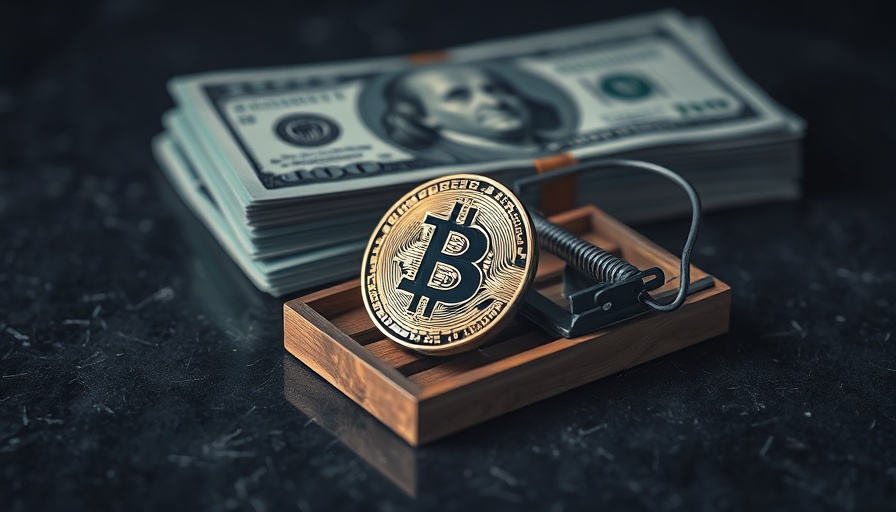 Bitcoin in a mousetrap with dollar bills, symbolizing Iowa cryptocurrency ATM scams.
