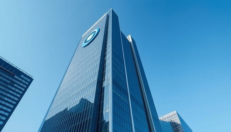 Modern corporate building with logo and blue sky.