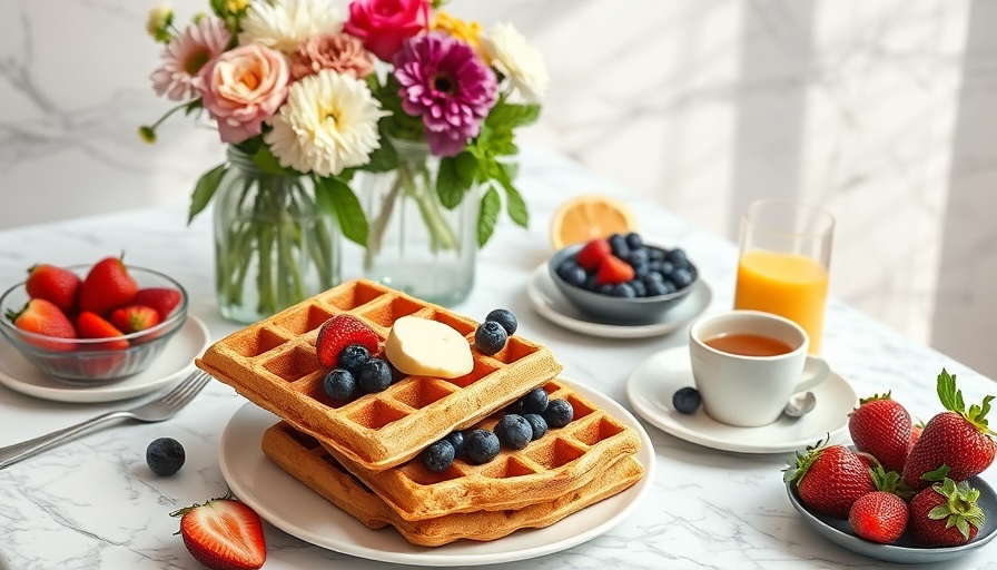 Delicious protein waffles with fruit and flowers on a marble table.