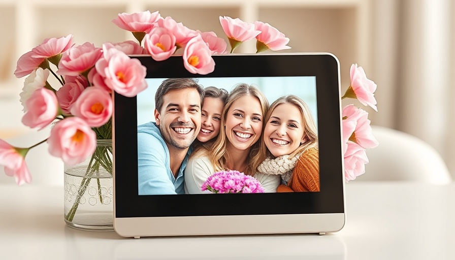 Digital photo frame displaying friends, with pink flowers, Aura Frame Review.