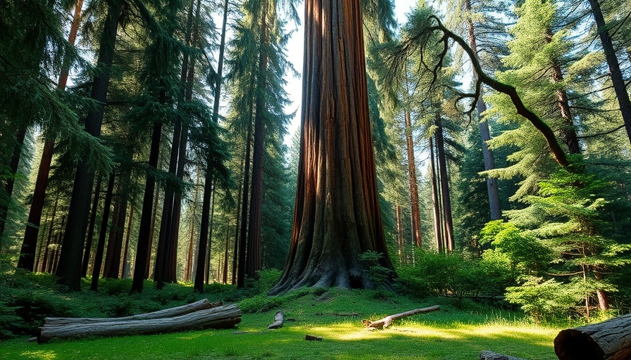 Tall pine tree in dense forest with scattered logs, natural setting.