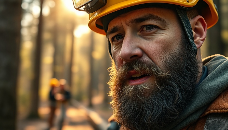Professional tree care worker with a helmet, expressing emotion in a forest.
