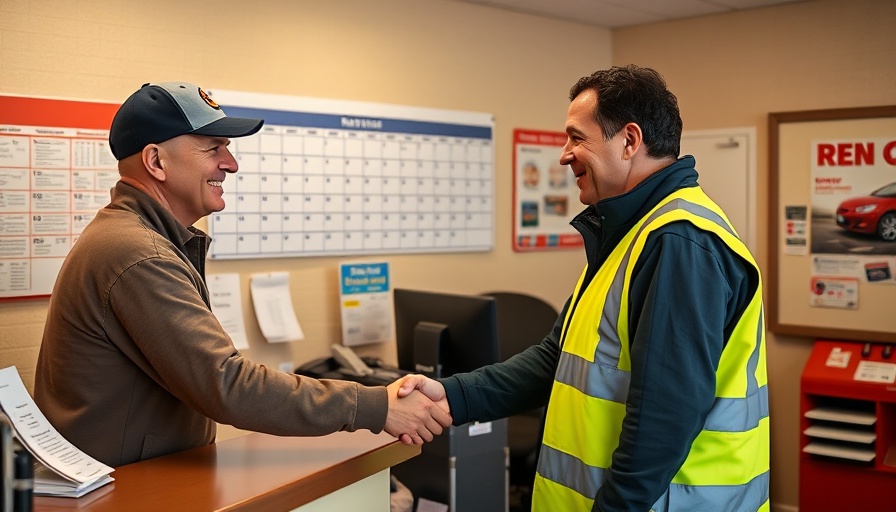 Customer shaking hands with employee at equipment rental counter, landscaping equipment purchasing guide.