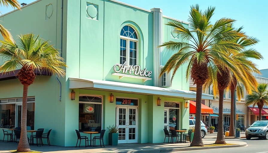 Art Deco building facade with outdoor seating, Miami.