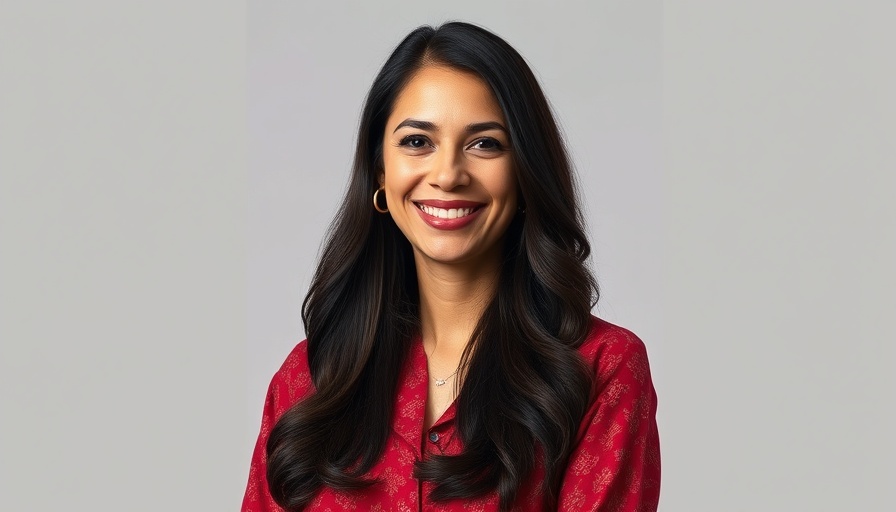 Smiling woman in red patterned blouse with long dark hair.