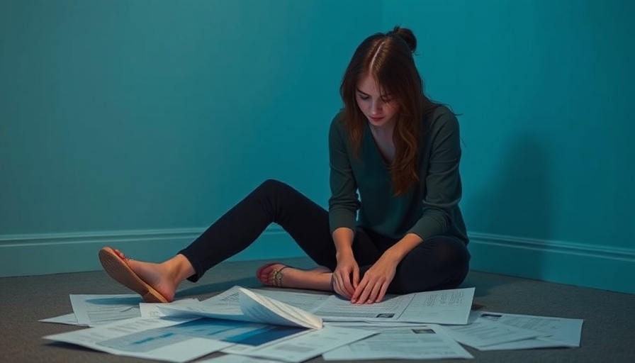 Young woman focused on debt settlement savings documents.