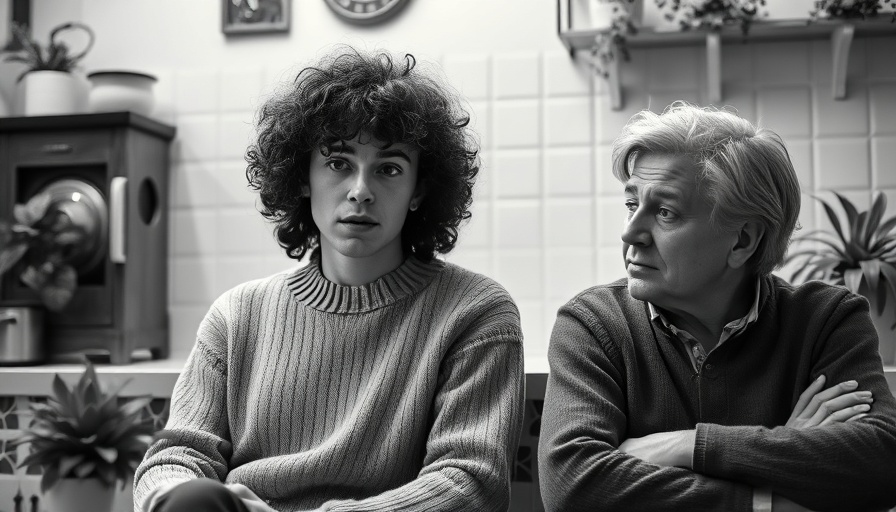 Scene of a thoughtful conversation in a vintage kitchen setting.