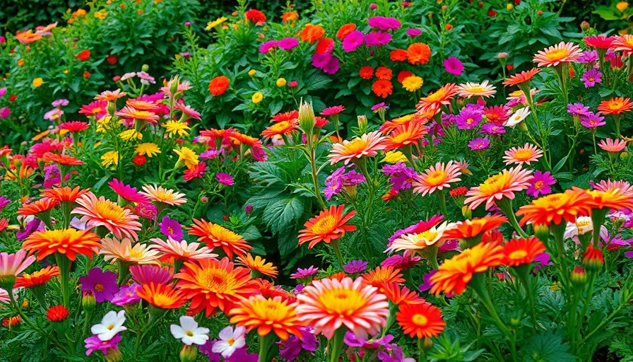 Colorful home flower gardening scene with vibrant blooms.