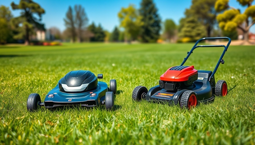 Advanced RC Mowers resting on grass in a park setting.