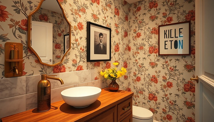 Midcentury modern bathroom design with floral wallpaper and brass fixtures.