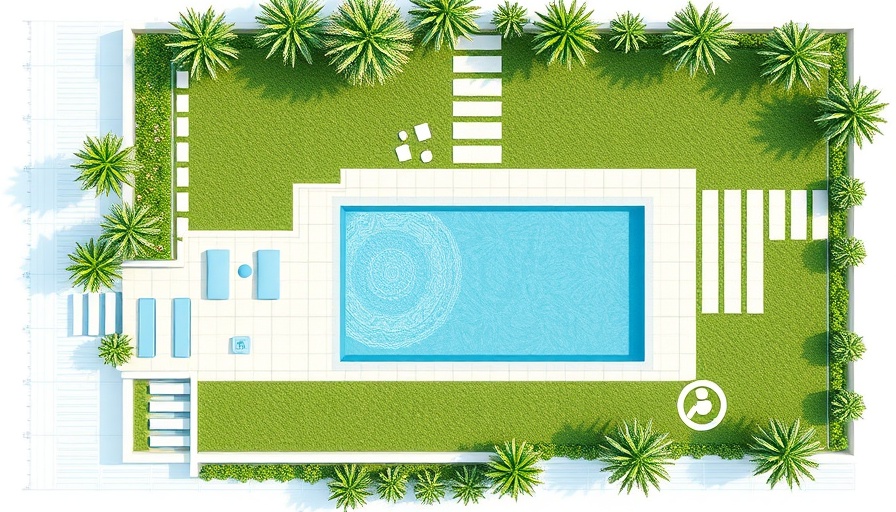 Modern landscape design blueprint with pool emphasizing efficient layout.