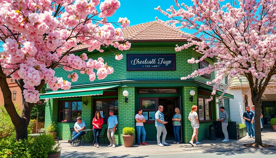 Charming café with cherry blossoms at Canadian design shop.