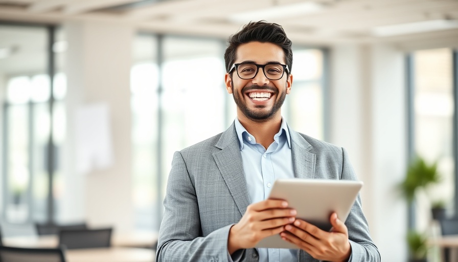 Confident businessman with a tablet in a bright office.