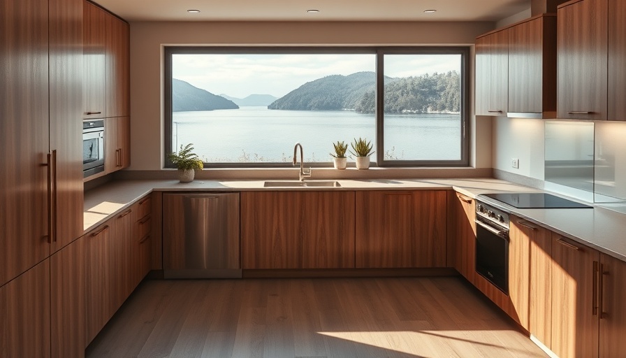 Modern Ontario kitchen with scenic lake view, wooden cabinets, serene lighting.