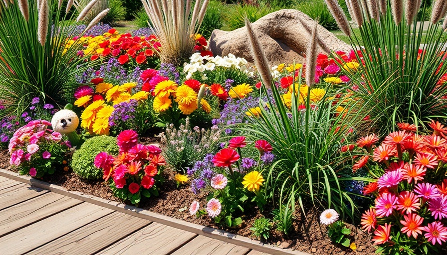 Lush raised garden beds with vibrant flowers and grasses.