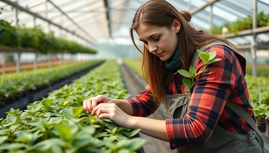Farmer tending plants in Bristol community farm greenhouse